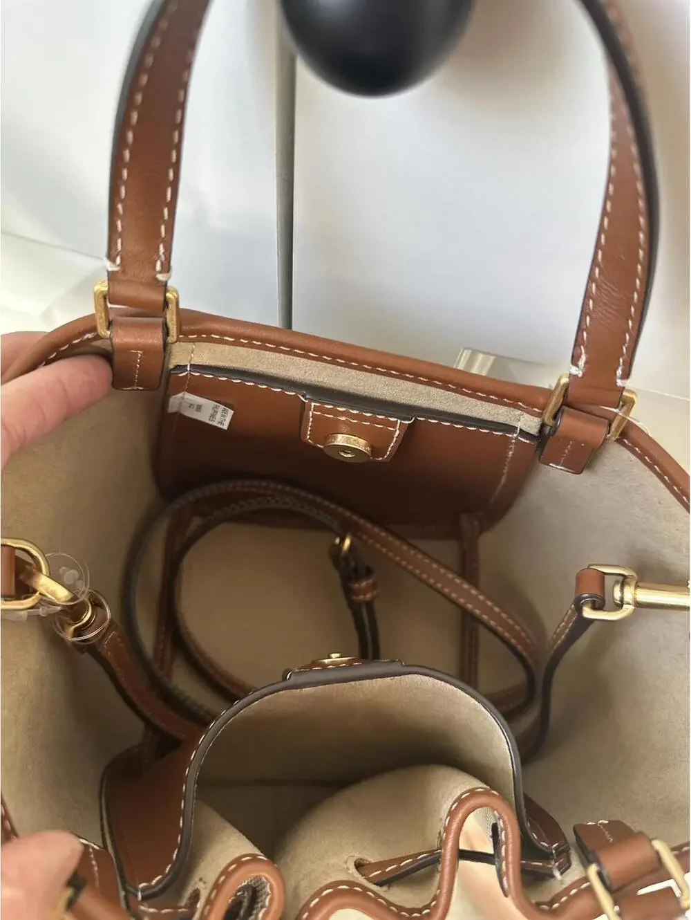 Tory Burch McGraw Mini Canvas Drawstring Satchel Crossbody Bag Natural Brown